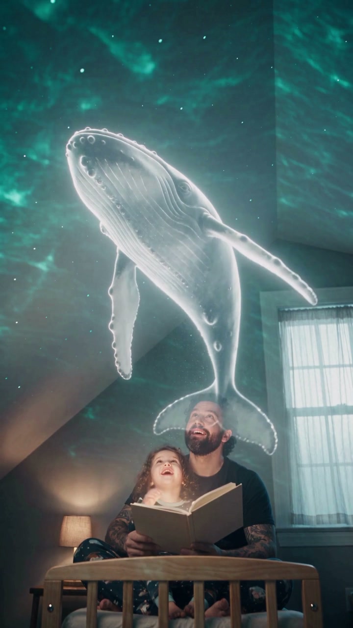 A luminous whale floating above a father and daughter