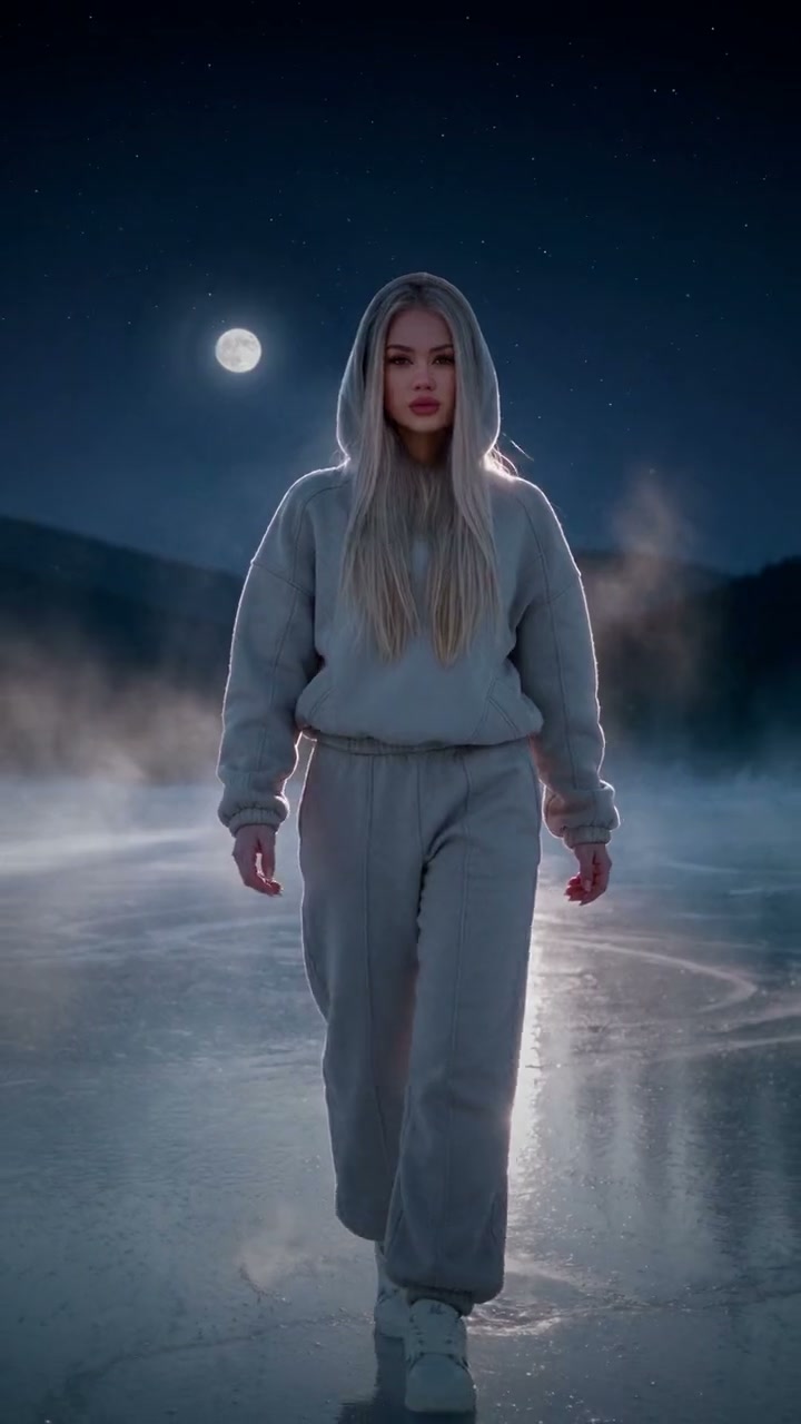A woman in a winter fleece set walking on a frozen lake at night