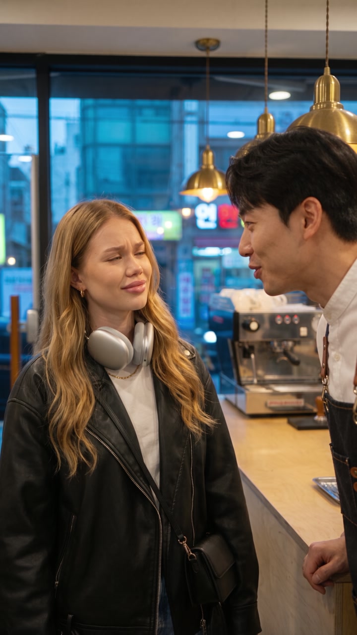 A woman listening to a barista in a café