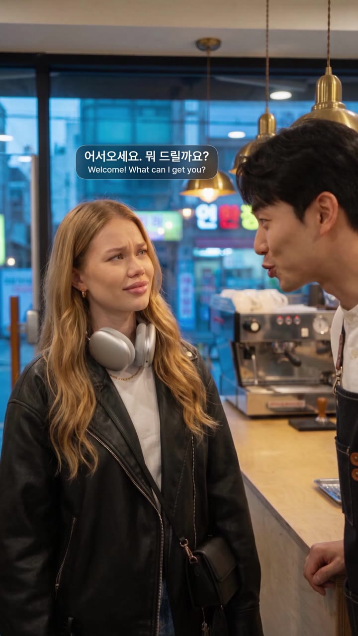 A barista greets a woman in Korean, his words floating as a subtitle